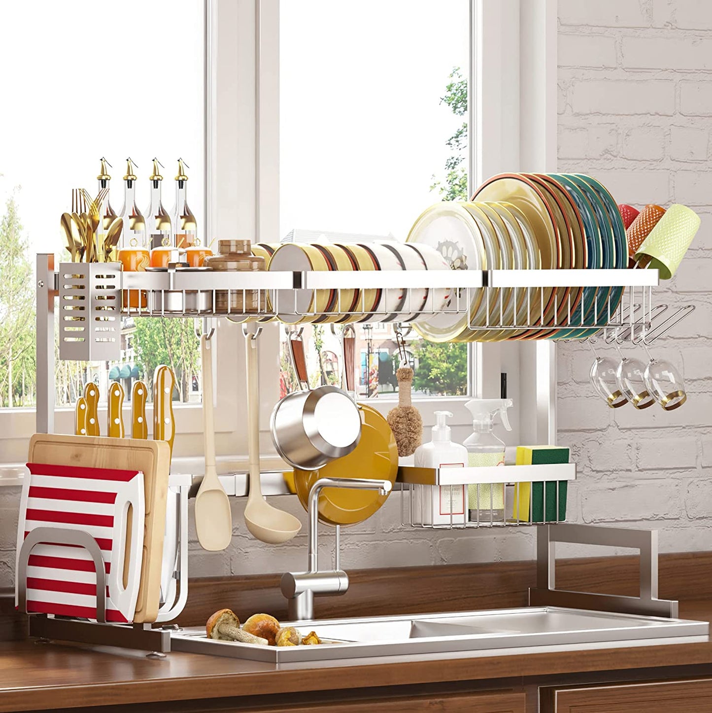 over Sink Dish Drying Rack Stainless Steel, Adjustable Large Dish Drainer for Storage Kitchen Organization Black 2 Tier - Standard(26"-38")