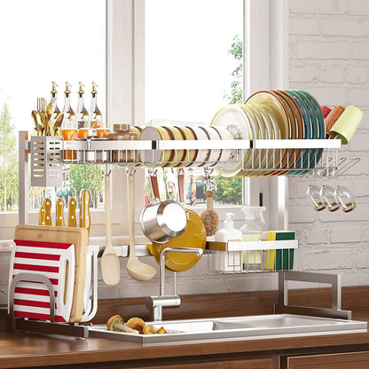 over Sink Dish Drying Rack Stainless Steel, Adjustable Large Dish Drainer for Storage Kitchen Organization Black 2 Tier - Standard(26"-38")