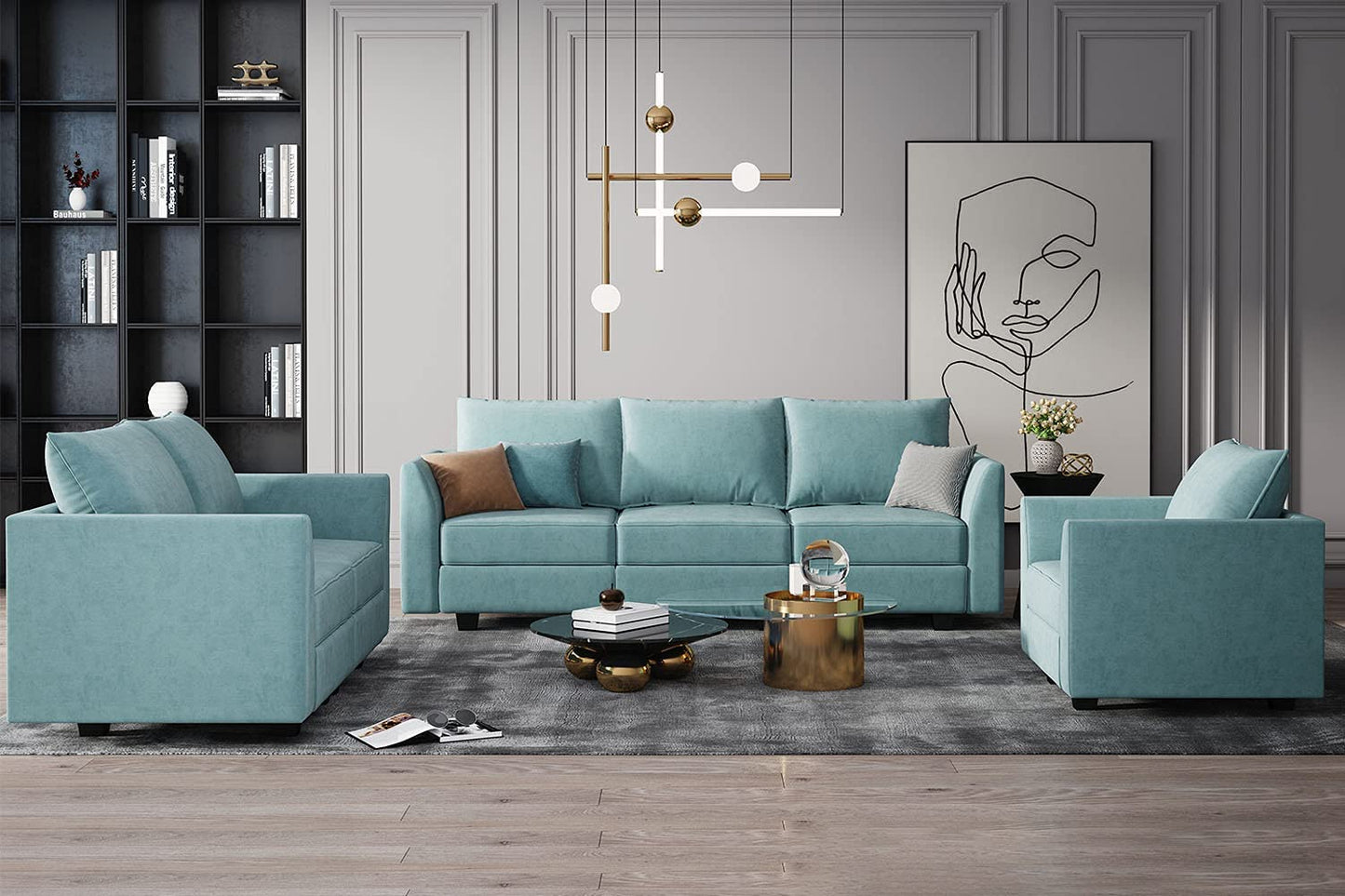 3 Piece Sofa Sets for Living Room Furniture Couch Set Modular Sofa Set with Polyester Fabric 3 Seats Sofa Loveseat and Armchair in Bluish Grey