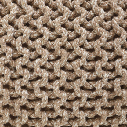 round Pouf Foot Stool Bean Bag Ottoman - Knit Braided Cord Boho Pouffe Poof Accent Beanbag Chair Footrest for the Living Room, Bedroom, Nursery, Patio, Lounge 19.5X19.5X14; Beige Ivory