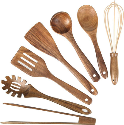 10 Pack Wooden Utensils for Cooking, Wood Utensil Set for Kitchen, Teak Wooden Spoon for Cooking, Non-Stick Spatula Ladle