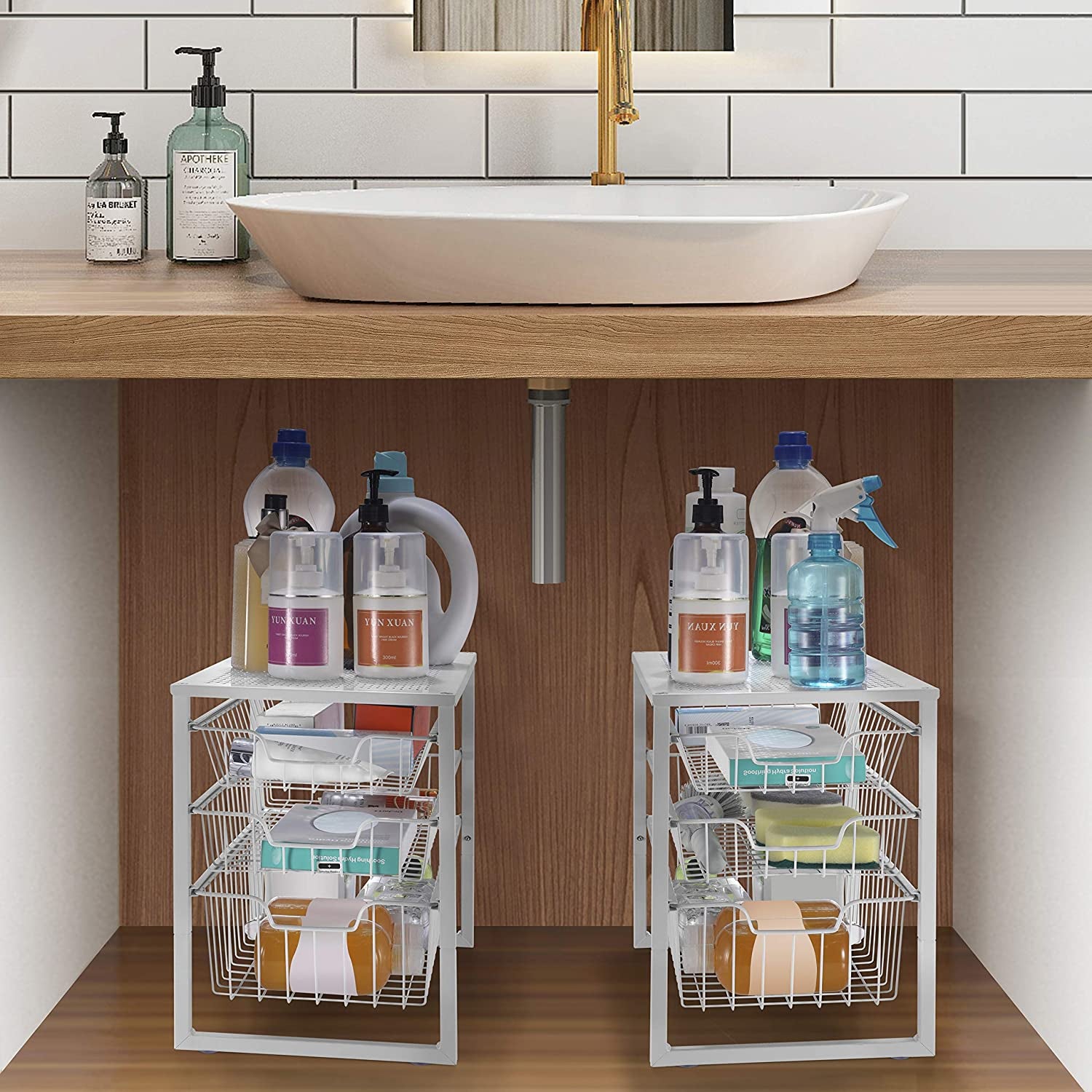 3-Tier under Sink Cabinet Organizer with Sliding Storage Drawer, Desktop Organizer for Kitchen Bathroom Office, Stackable, White