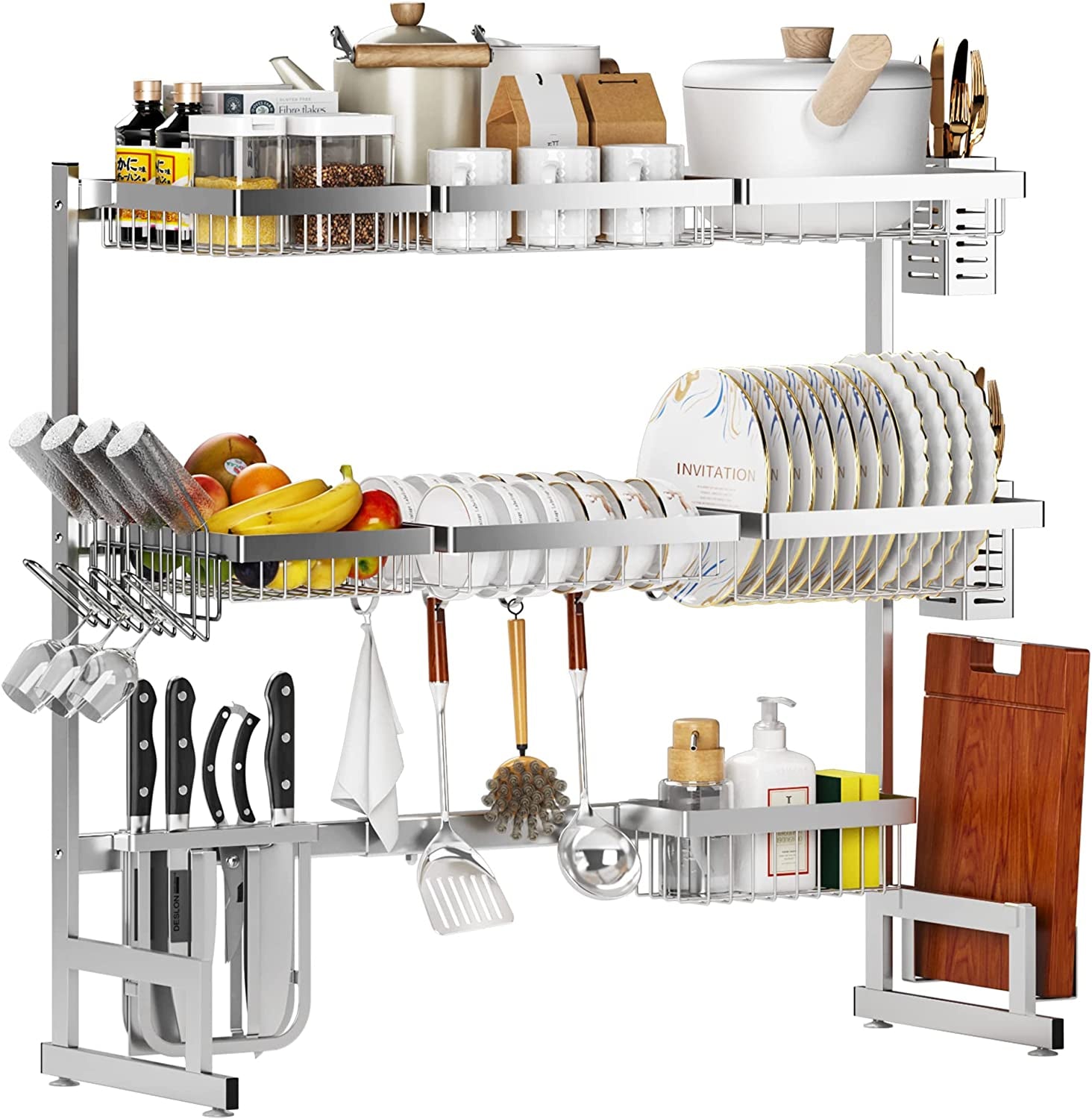 over Sink Dish Drying Rack Stainless Steel, Adjustable Large Dish Drainer for Storage Kitchen Organization Black 2 Tier - Standard(26"-38")