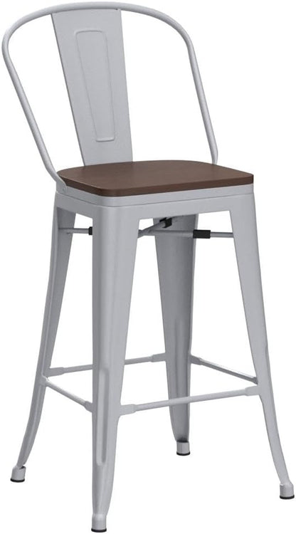 Metal Bar Stools Set of 4,24 Inch Barstools Counter Height Bar Stool with Backs Farmhouse Bar Stools with Larger Seat High Back Kitchen Dining Chairs Modern Bar Chairs 24" Silver Stool