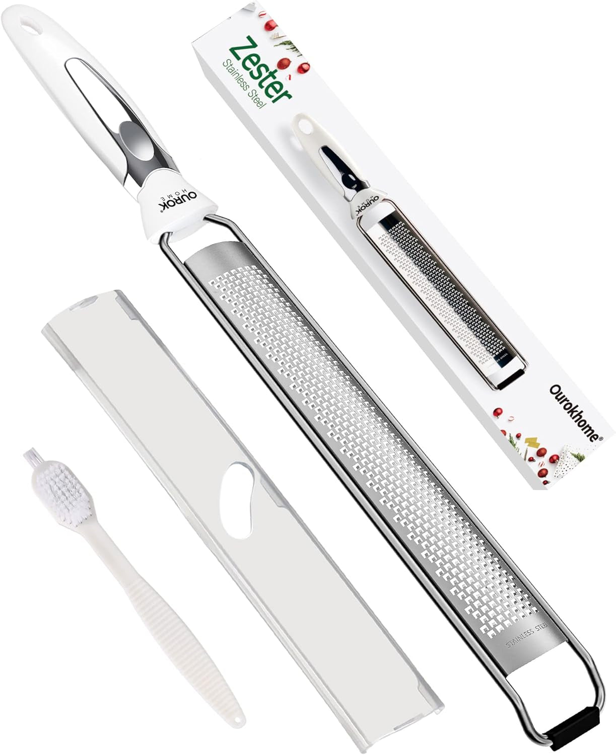 Kitchen Lemon Zester, Stainless Steel Hand Held Parmesan Cheese Grater for Ginger, Chocolate, Coconut, Lime, Nutmeg, Citrus, Fruit, Vegetable with Cleaning Brush, Dishwasher Safe, Black