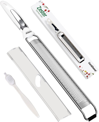 Kitchen Lemon Zester, Stainless Steel Hand Held Parmesan Cheese Grater for Ginger, Chocolate, Coconut, Lime, Nutmeg, Citrus, Fruit, Vegetable with Cleaning Brush, Dishwasher Safe, Black