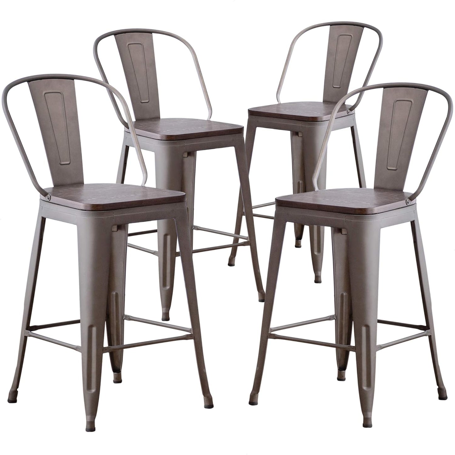 Metal Bar Stools Set of 4,24 Inch Barstools Counter Height Bar Stool with Backs Farmhouse Bar Stools with Larger Seat High Back Kitchen Dining Chairs Modern Bar Chairs 24" Silver Stool