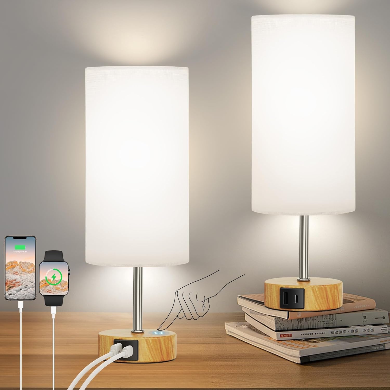 12.8" Touch Control Table Lamp, 3-Way Dimmable Small Bedside Nightstand Lamp with 2 USB Ports, Modern Table Lamp with 5000K Daylight LED Bulb for Living Room (2 Pack)