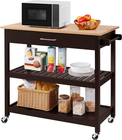 40" Width Kitchen Island Cart on Wheels, 3 Tiers Rolling Utility Cart with Solid Wood Top and Drawer & 2 Spacious Storage Shelf, Serving Trolley for Dining Room, White