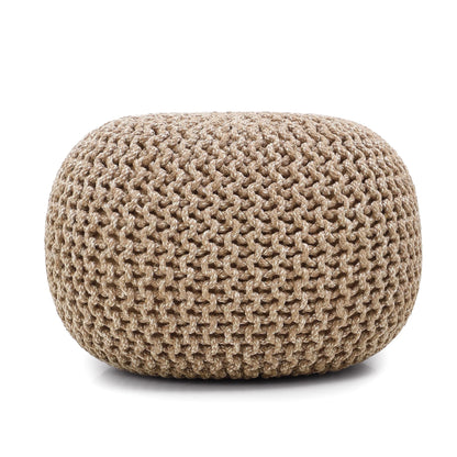 round Pouf Foot Stool Bean Bag Ottoman - Knit Braided Cord Boho Pouffe Poof Accent Beanbag Chair Footrest for the Living Room, Bedroom, Nursery, Patio, Lounge 19.5X19.5X14; Beige Ivory