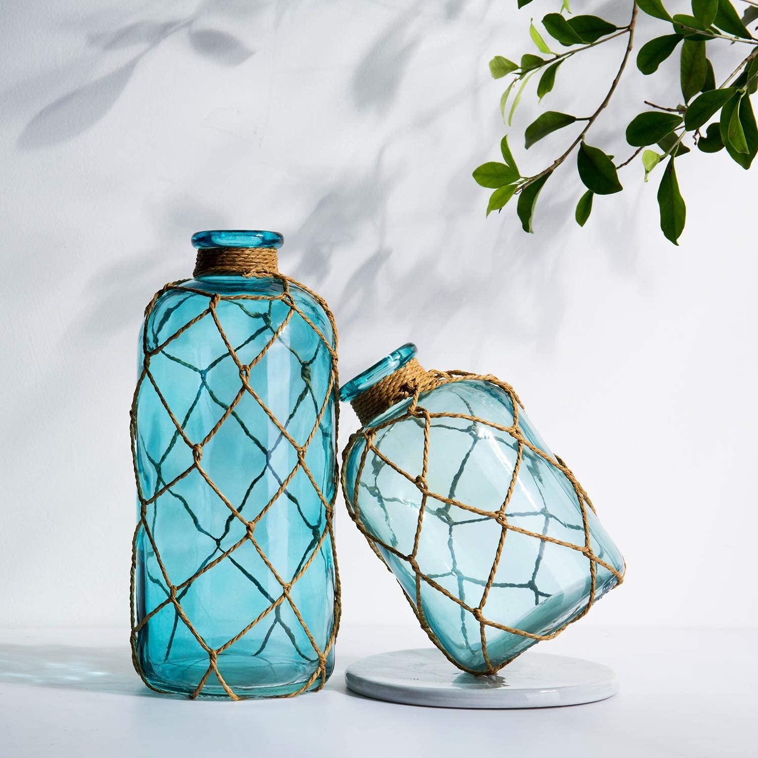 Rustic Glass Bottle Vase Decorative Blue Flower Vase with Creative Rope Net (Large)